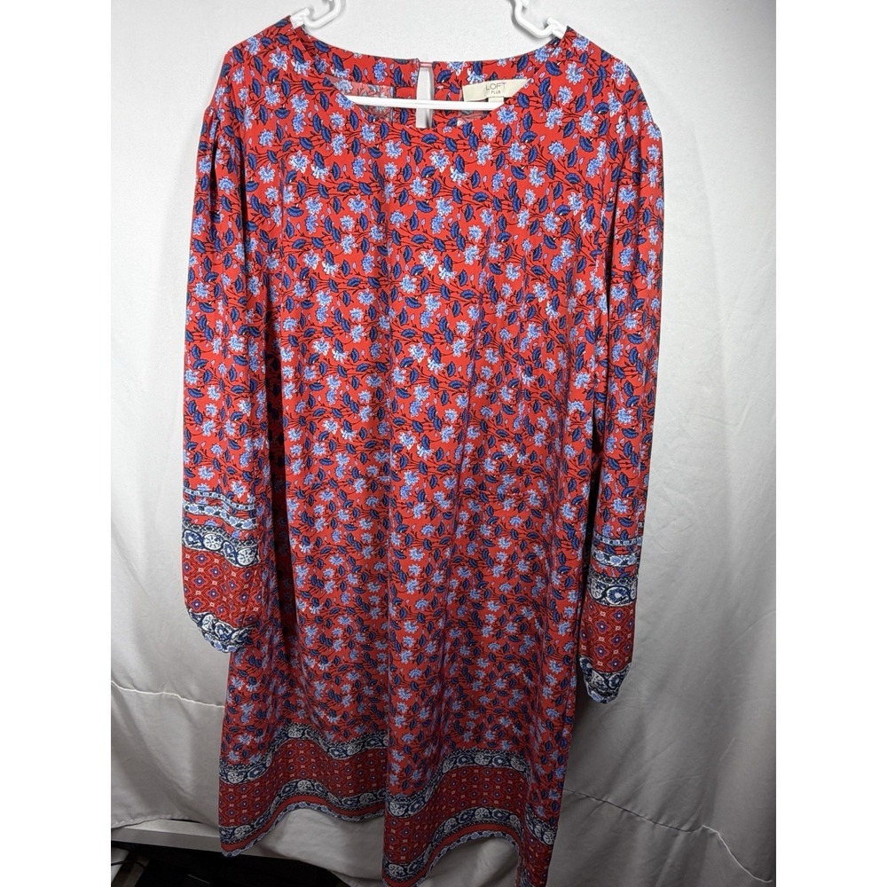 LOFT Plus Red Floral Boho Shift Dress Size 24 Long Sleeve Border Print Medallion